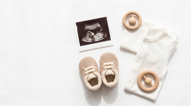 Pregnancy Announcement Flat Lay with Ultrasound Photo and Baby Essentials