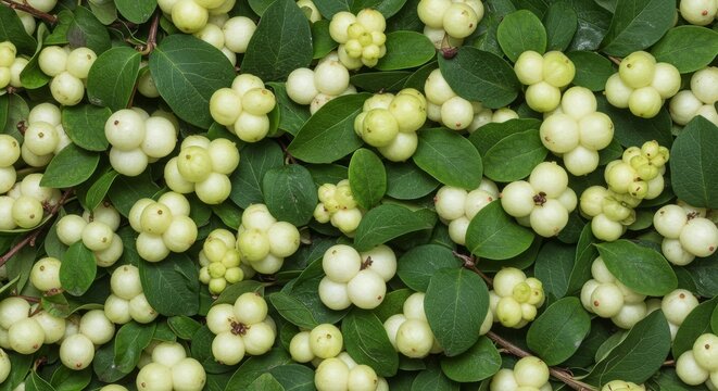 A natural background of snowberry leaves and berries. Top view featuring round white fruits and green leaves in a dense pattern. This botanical texture is for nature and winter garden themes.