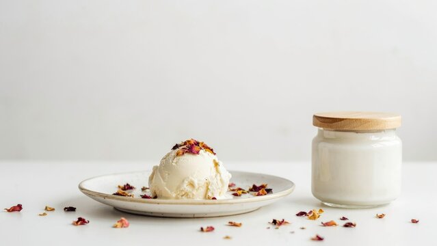 Vanilla ice cream scoop topped with dried rose petals on a ceramic plate