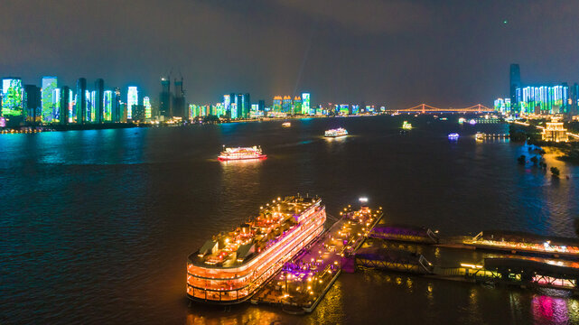 Wuhan Cruise Ships Night Aerial Photography - Yangtze River Cityscape