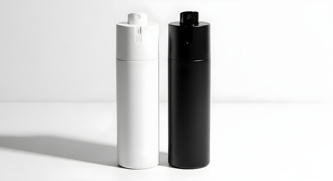 3d rendering of white and black spray bottles with caps, isolated on white background