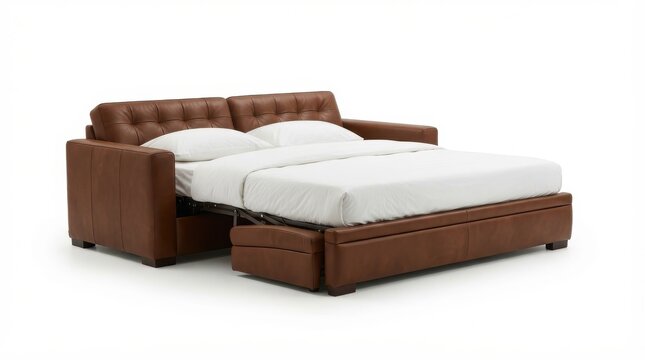 Modern brown leather sofa bed unfolded with white bedding