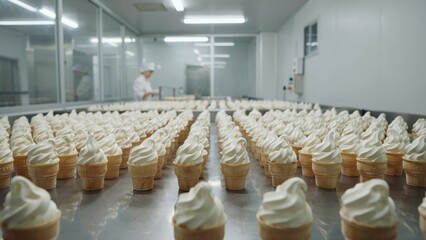Fototapeta premium Rows of soft serve ice cream cones on a factory conveyor belt