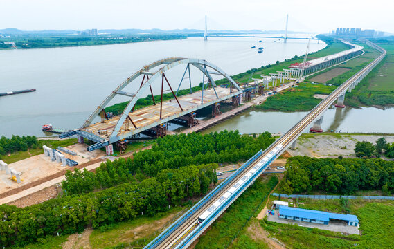 Wuhan Bridge Construction Aerial View - Steel Arch Bridge Over River
