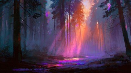 Fototapeta premium Ethereal twilight forest scene, vibrant sunset hues illuminating a misty path through tall, slender trees with a bioluminescent stream