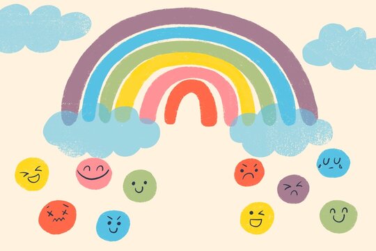 Rainbow with clouds and different emojis falling from the clouds 