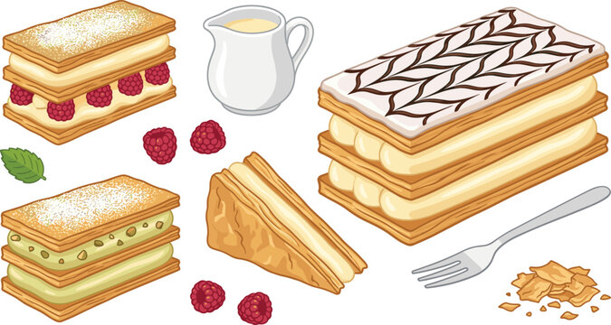 Classic French Mille Feuille and Custard Slice Pastry Set Vector Illustration with Fresh Raspberries, Powdered Sugar, Vanilla Cream, Glaze, and Sauce Pitcher