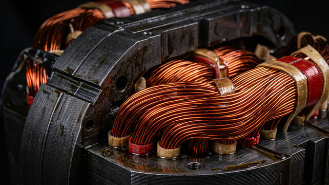 HDR photography of a heavy industrial electric motor stator with copper wire coils macro