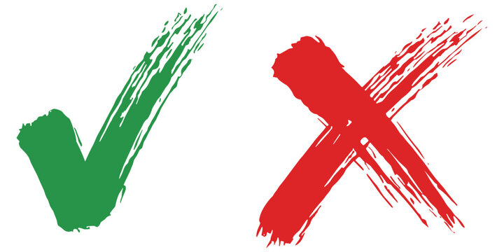 Green check mark and red x mark brush strokes illustration. tick and cross signs
