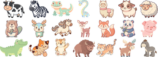 Fototapeta premium Cute cartoon farm and wild animals mega collection, isolated vector illustrations
