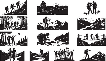 Obraz premium Set of black silhouette illustrations showing people hiking and trekking in mountains and forest nature isolated on white background, Vector