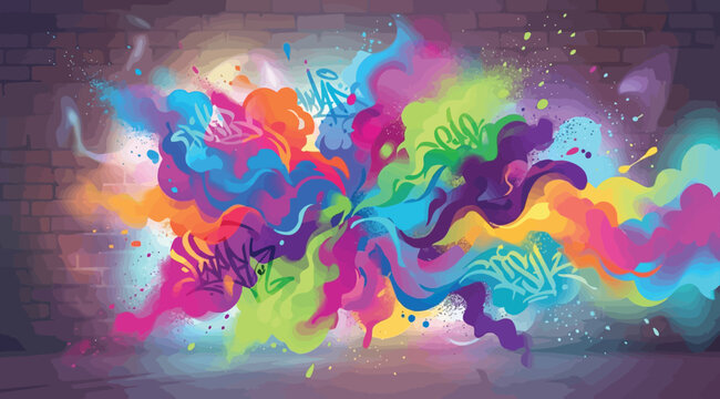 Abstract colorful graffiti smoke explosion on dark brick wall background