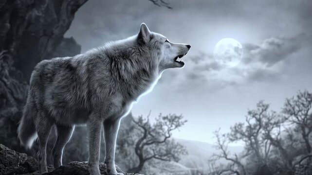 Majestic white wolf standing on a rocky cliff under a full moon in a mystical night landscape 4k video