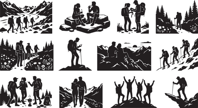 Set of black silhouettes of hikers and backpackers trekking through mountains and forest landscapes isolated on white background, Vector