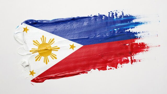 Philippine flag painted with thick blue, red, white, and yellow oil paint strokes