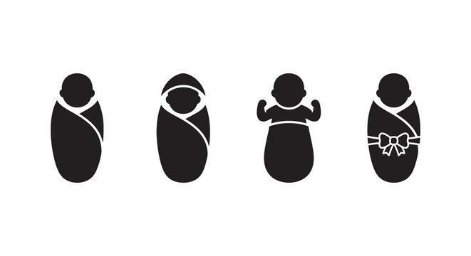 Baby Wrapped In Swaddle Blankets Four Poses Black Silhouette