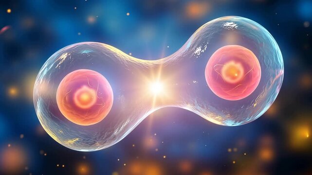 A biological cell undergoing mitosis division process with two nuclei in a glowing abstract environment 4k video