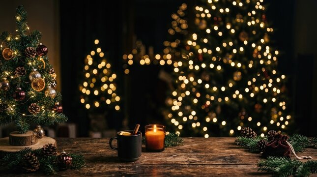 Cozy christmas scene with lit candle decorated tree and hot drink for holiday marketing and seasonal greetings