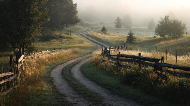 Serpentine dirt road winds through a misty, sunlit valley, bordered by split-rail fences and tall grass.  Morning fog clings to the rolling hills and lush greenery