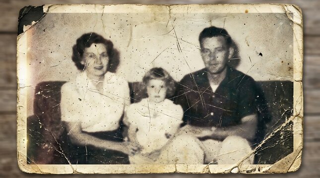 Vintage family portrait, old photo, retro couple, child on couch