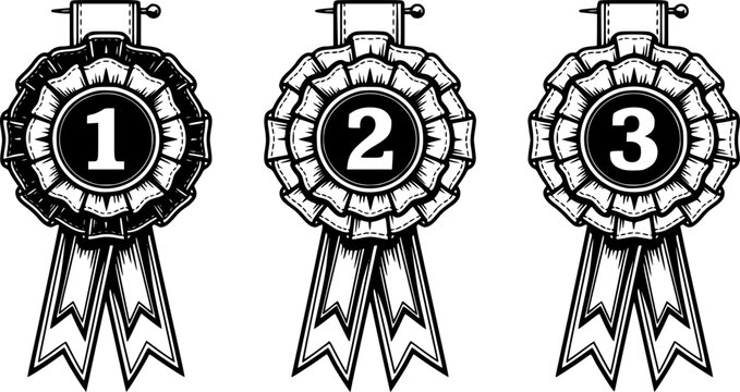 Set of award ribbons with numbers one two and three for first second and third place winners
