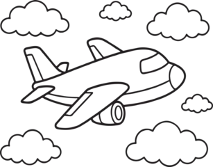 Passenger Airplane Flying in Clouds Black and White Outline Vector Illustration © Design Hunter
