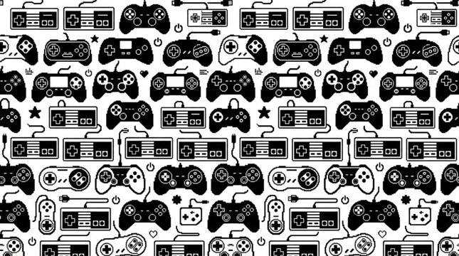 Background seamless pattern of pixel art game controller gamepad hardware tech design.
