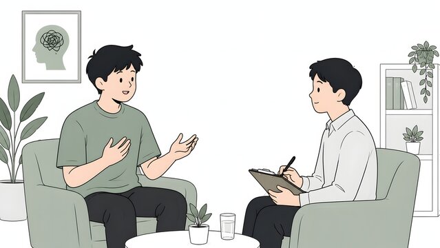 Young man talking to professional psychologist or counselor writing on clipboard in office graphic