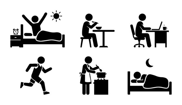 Daily Routine Icons: Morning Wake Up, Eating, Working, Running, Cooking, Sleeping, Lifestyle Stick Figures