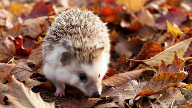 A cute small hedgehog walking through a vibrant carpet of colorful fallen autumn leaves 4k video