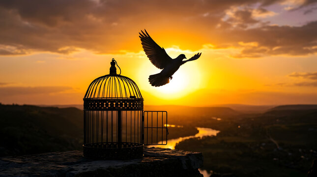 Freedom concept with bird flying out of open cage at sunset, silhouette of dove escaping birdcage over river valley, spiritual liberation and hope