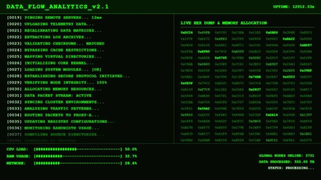 Data Flow Analytics Global Network Hex Dump Memory Allocation Animation.