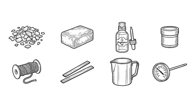 Assorted essential oil ingredients and tools for aromatherapy, including dried herbs, soap, fragrance oil, dropper, jar, candle spool, chopsticks, measuring cup, and thermometer