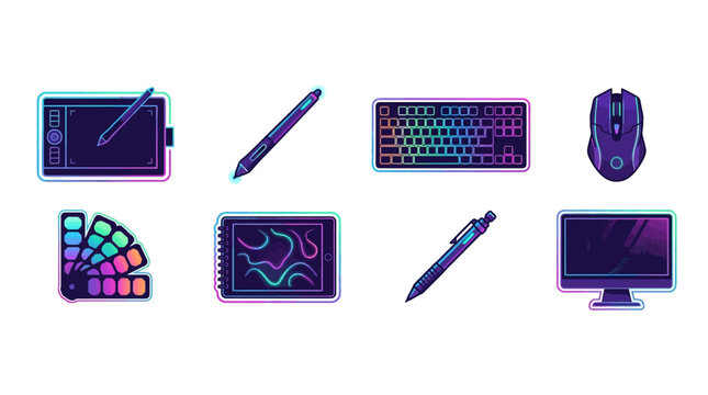 Digital artist tools neon glow sketchbook pen keyboard mouse drawing tablet color wheel illustration