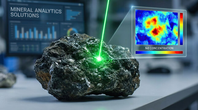 Rare earth mineral high demand analysis with laser scanning technology showing concentration heat map and mineral analytics solutions on digital screen