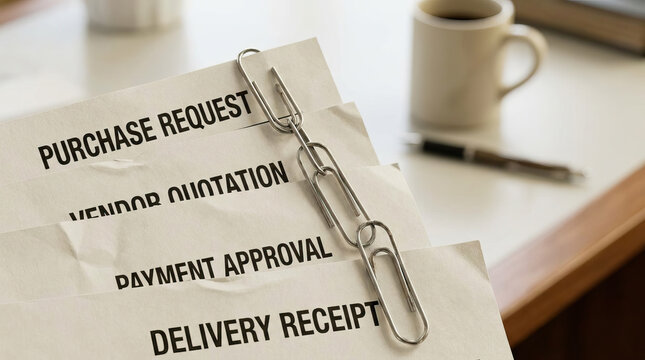 Purchase request, vendor quotation, payment approval, and delivery receipt documents linked with paper clips on desk with coffee cup and pen, symbolizing organized office workflow