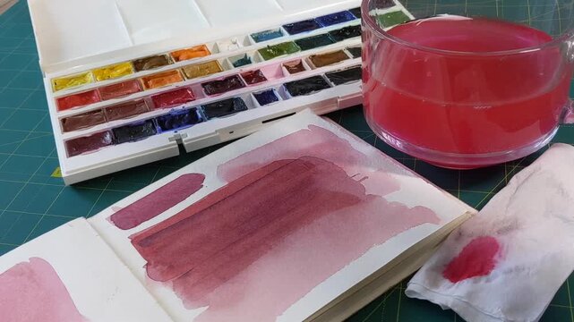 Artist's hand paints with watercolors and a brush in a sketchbook. Creative process of working with watercolors.