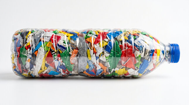 ecobrick plastic bottle filled with colorful compressed waste isolated on white background 