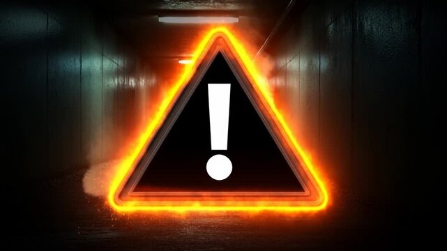Static shot glowing triangular warning sign with exclamation mark burning at edge inside dark underground tunnel corridor, flickering smoke and orange flare