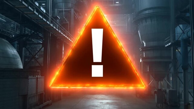 Tracking shot glowing warning triangle hovering inside industrial factory interior with foggy aisles, walkways and large machinery