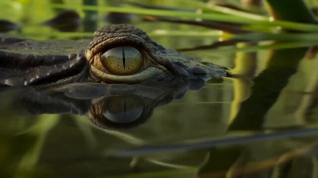 Tracking shot slow motion crocodile eye surfacing through reed lined swamp water surface close up reveal of predator in wetland vegetation