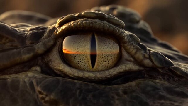 Slow motion close up of crocodile eye reflecting sunset on mudbank macro tracking shot of reptile head and textured skin at twilight
