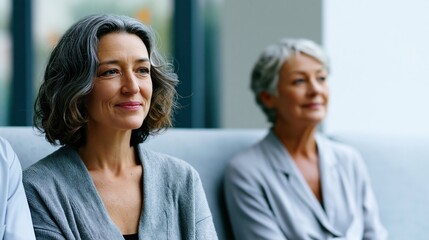 Obraz premium Midlife patient and clinician seated in modern clinic consultation with blank wall