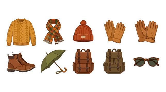 Autumn and winter clothing collection including sweater scarf beanie gloves boots umbrella and backpacks perfect for outdoor travels and cold weather activities