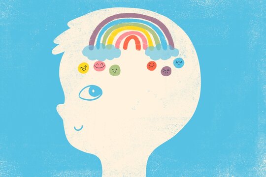 Child&rsquo;s head with a rainbow inside the head and different emojis