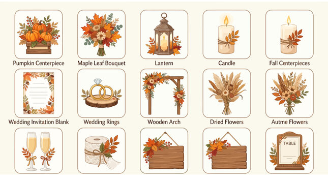 Autumn fall wedding decoration set with pumpkins flowers lantern candles wedding rings invitation wooden arch dried flowers autumn printable