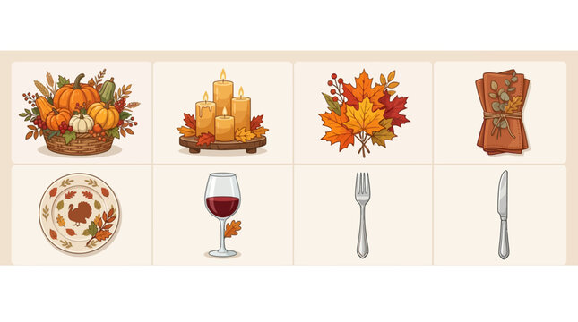 Autumn Thanksgiving table setting with fall leaves candles pumpkins wine glass cutlery and seasonal decorations for holiday celebration