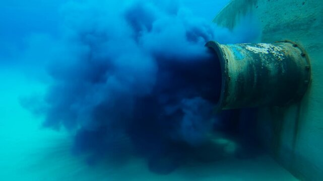 Slow motion plume of dark sediment discharging from rusted pipe along sea bed wall underwater