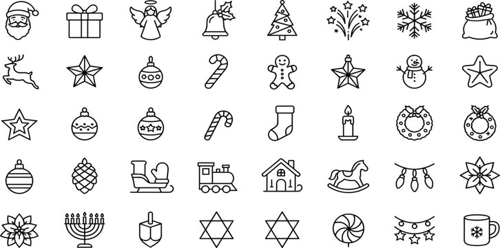 Christmas Holiday Outline Icon Set with Santa, Gift, Angel, Tree, Snowflake, Reindeer, Wreath, Menorah, and Festive Winter Celebration Symbols