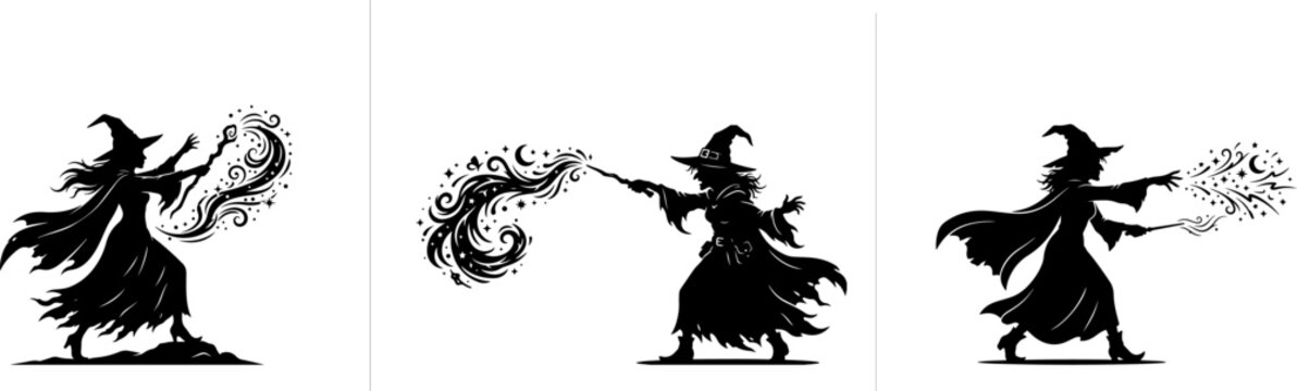 Halloween witch casting magic spell silhouette.